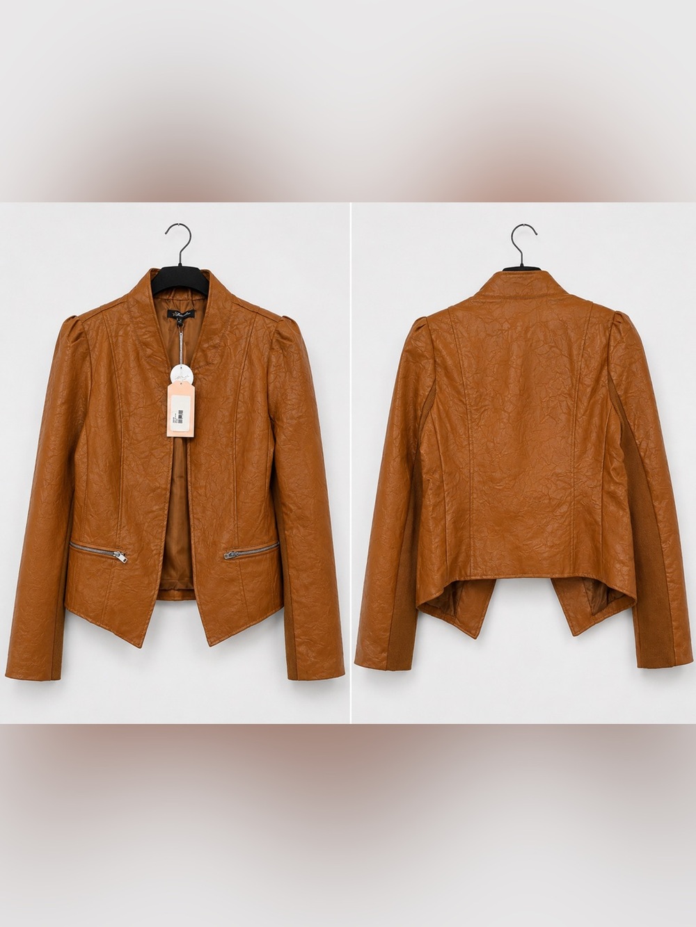 Women's Faux Leather Cropped Moto Jacket in Cognac